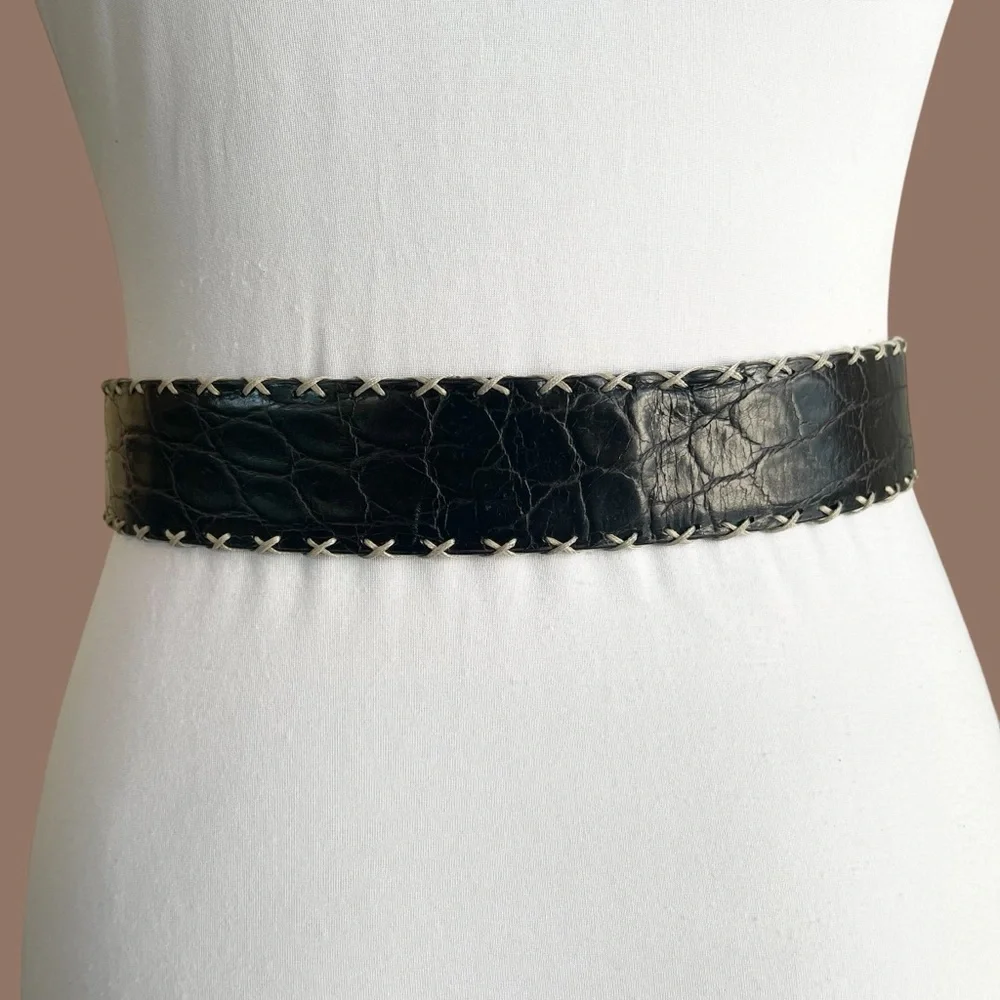Italian Leather Black Croc Embossed Wide Waist Oversized Belt Maximalist Size S